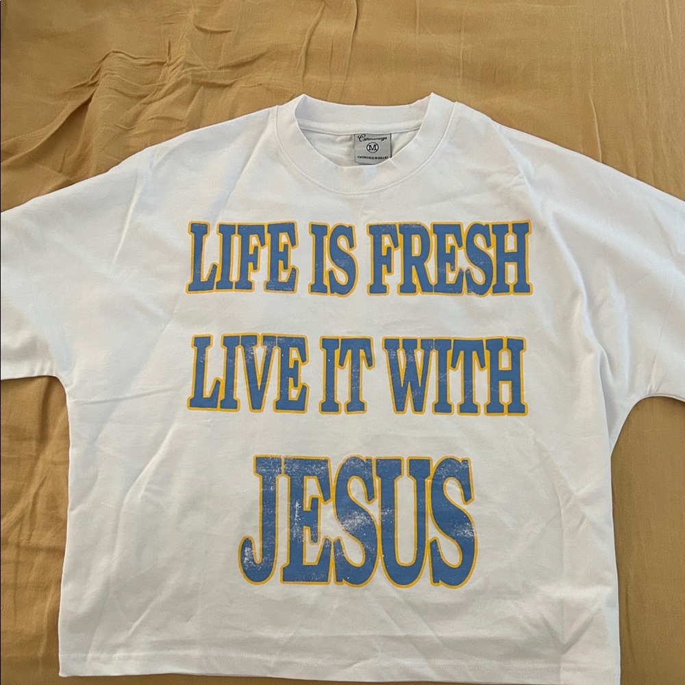 White Short Sleeve Tee with Blue & Yellow 'Life Is Fresh' Print